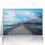 Mid-century modernist art depicting a serene Latvian landscape in muted earth tones on a framed acrylic panel.