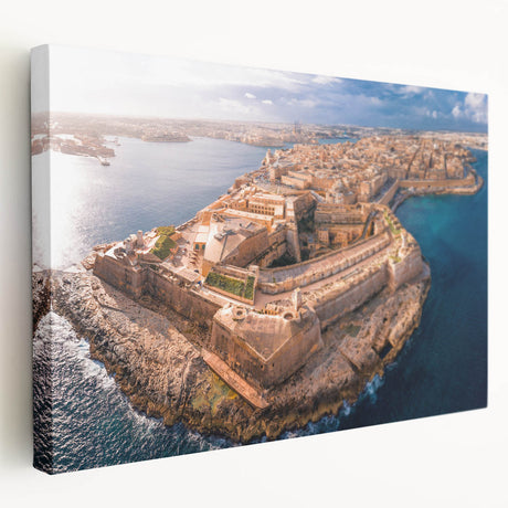 Side view of a stretched canvas depicting a scenic European Malta landscape in vibrant blues and greens.