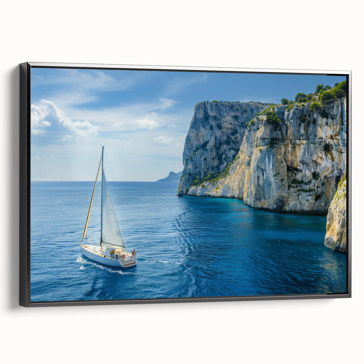 Black and white framed canvas of a vintage Mediterranean seascape, suitable for bedroom wall art.