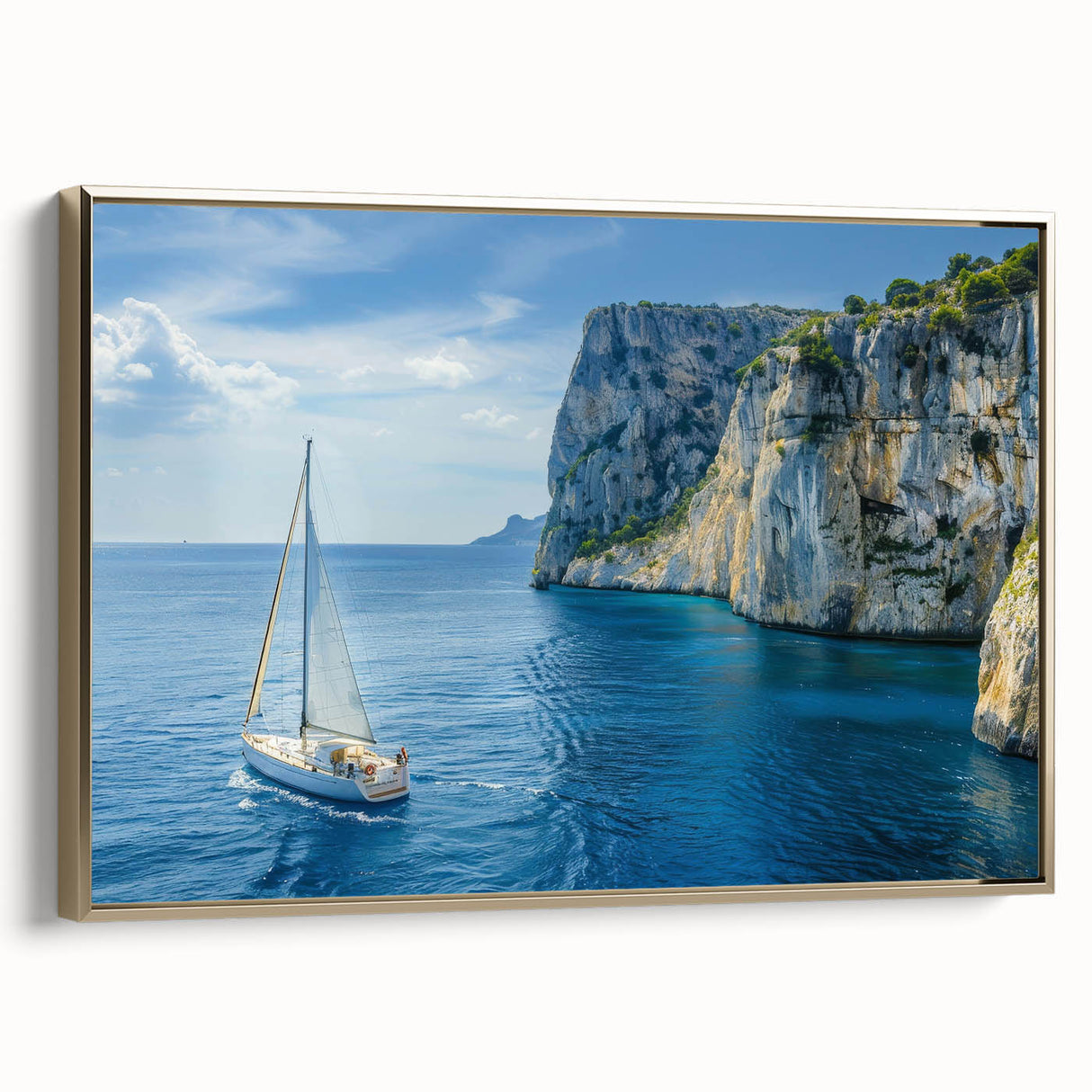 Framed canvas depicting a vintage-style Mediterranean seascape with muted gold and black tones, ideal for bedroom wall art.