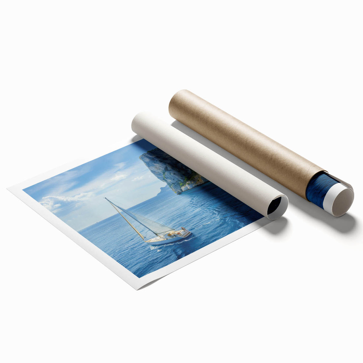 Extra large rolled print of a Mediterranean seaside village with vibrant blues and whites.