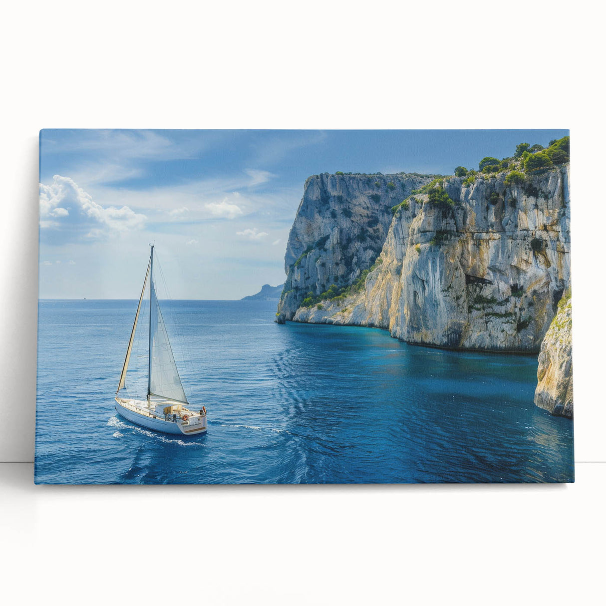 Black and white stretched canvas of a Mediterranean sea scene, ideal for kitchen wall art.