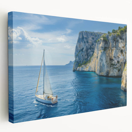 Large wall art of a Mediterranean seaside view depicted in vibrant blue and white tones on stretched canvas.