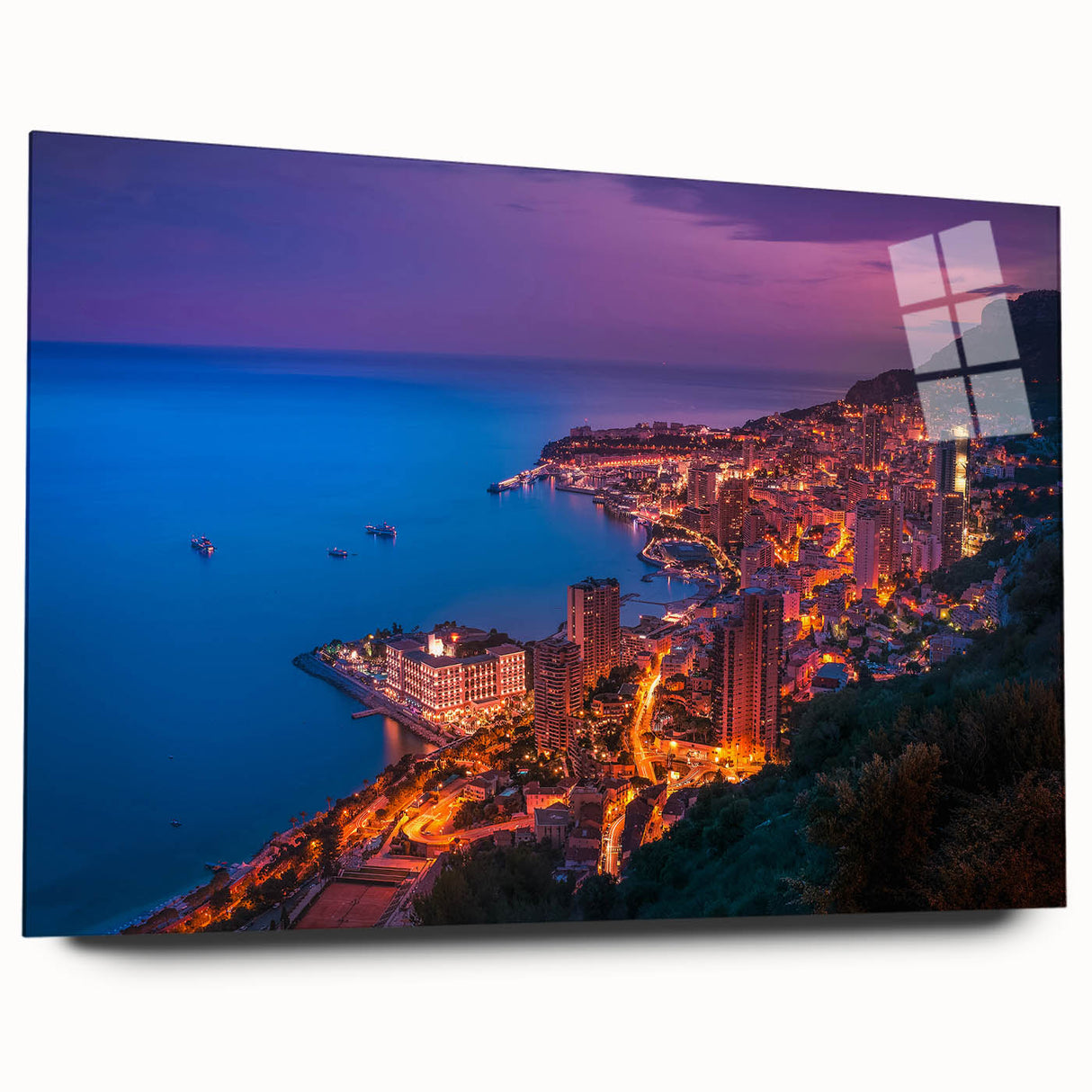 Large abstract wall art of Monaco scenery in vibrant blue and green shades on acrylic glass.