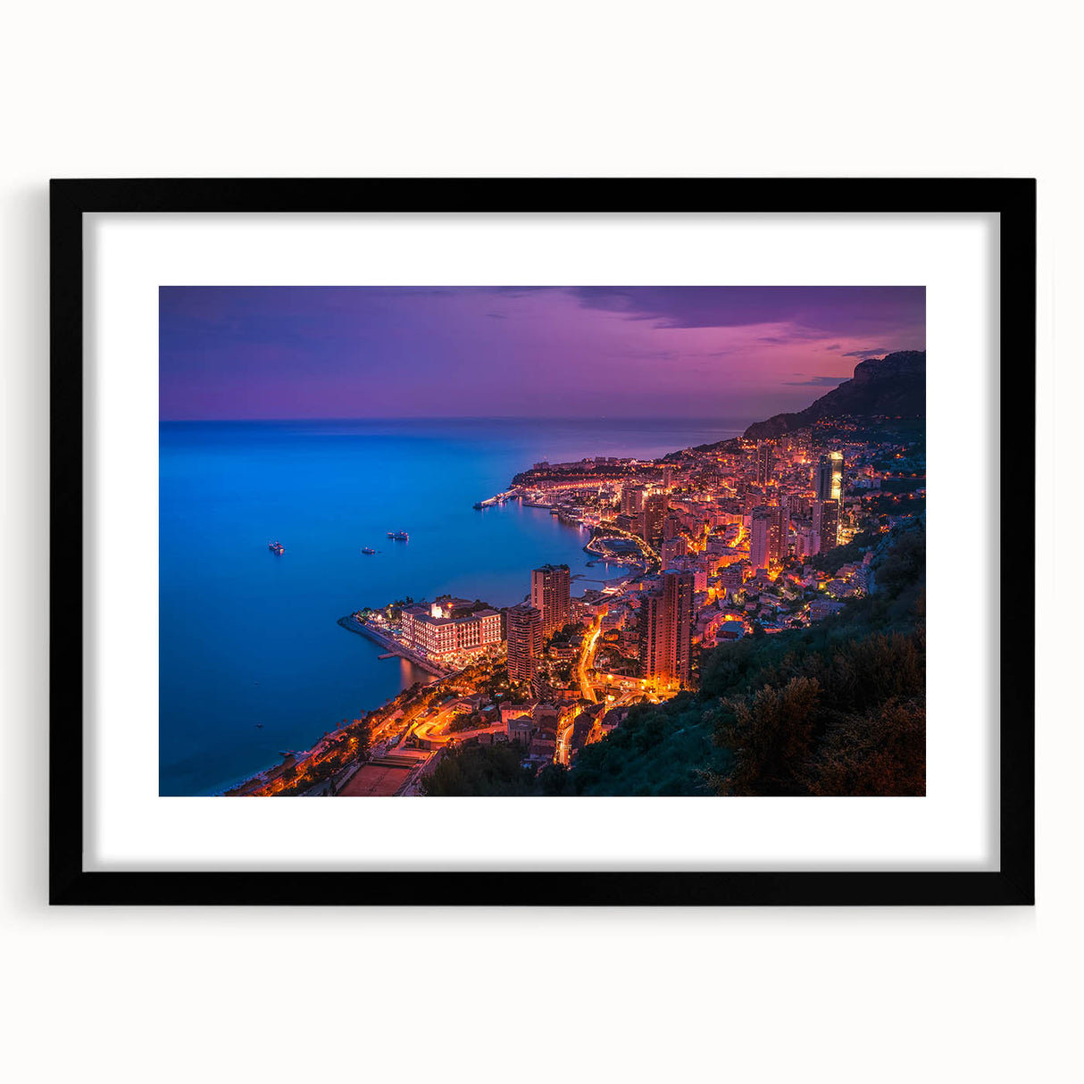 Extra large abstract art print of a colorful European Monaco scenery in a black frame with mat, ideal for living room decor.