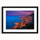 Extra large abstract art print of a colorful European Monaco scenery in a black frame with mat, ideal for living room decor.