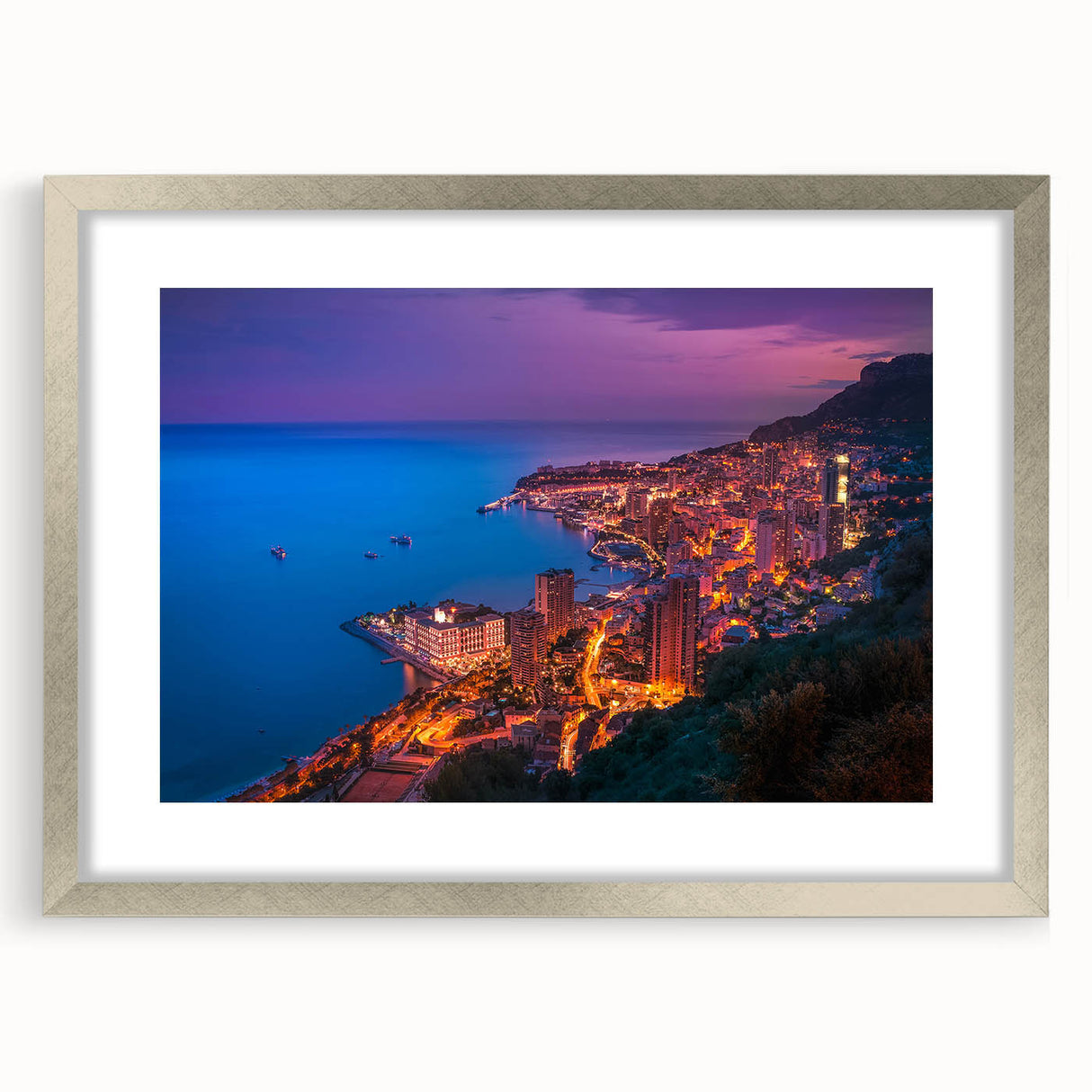 Extra large abstract art print of Monaco scenery in textured silver frame, ideal for living room decor.