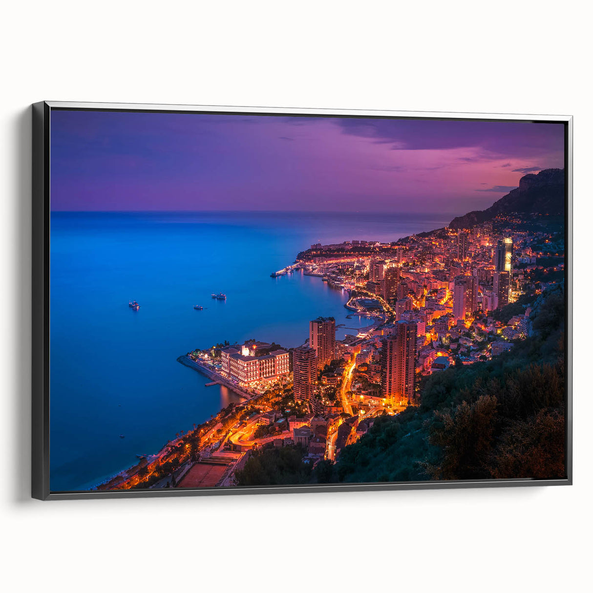 Black and white vintage poster art of Monaco landscape on framed canvas, suitable for bedroom decor.