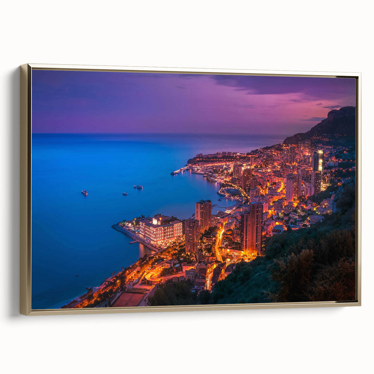 Framed canvas depicting a vintage-style Monaco landscape in muted gold and black tones, ideal for bedroom wall decor.