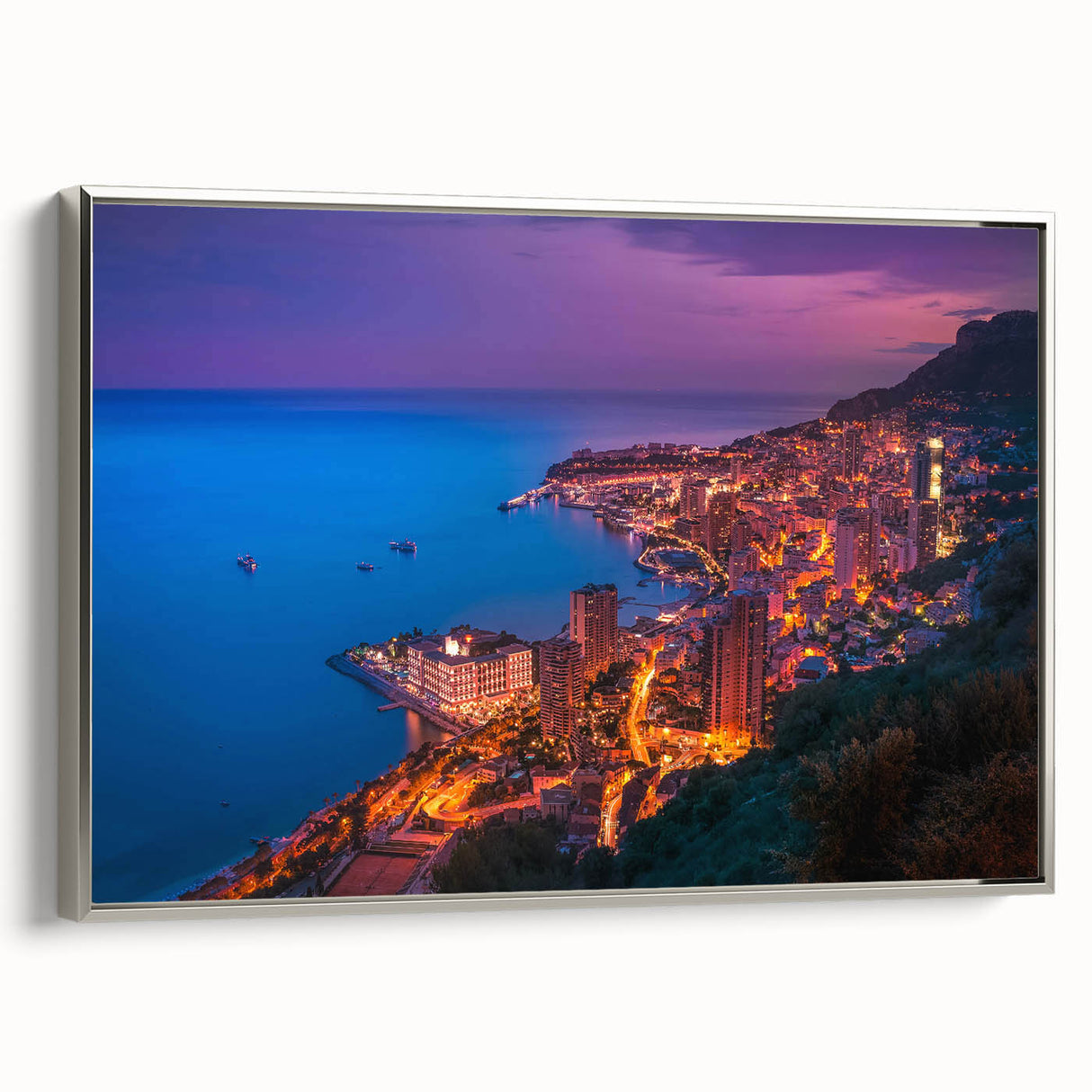 Landscape art painting of Monaco scenery on framed canvas, featuring colorful vintage poster style with black accents.