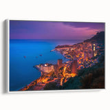Vintage poster art of Monaco scenery on a large framed canvas, featuring vibrant colors against a black background.