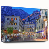 Acrylic print of a European Montenegro landscape in muted earth tones, suitable for bedroom or dining room decor.