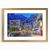 Abstract art print of Montenegro scenery in muted earth tones, framed in gold, suitable for dining room decor.
