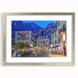 Extra large abstract art print of a European landscape in muted earth tones, framed in silver, ideal for living room decor.