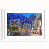 Textured abstract art print depicting a European Montenegro scenery in muted earth tones on a framed canvas.