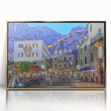 Art deco poster of Montenegro scenery in muted gold and blue tones on framed acrylic, suitable for modern art wall decor.