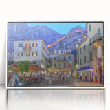 Mid-century modernist art depicting a serene Montenegro landscape in muted earth tones on a framed acrylic.