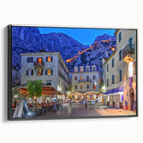 Black and white vintage poster art of Montenegro landscape on framed canvas, ideal for bedroom wall decor.