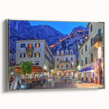 Framed canvas featuring a vintage-style landscape art painting of Montenegro with vibrant colorful tones.