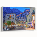 Vintage poster art of Montenegro scenery on a framed canvas, featuring vibrant colors ideal for living room decor.