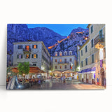 Black and white photograph of a European coastal town on large stretched canvas, ideal for kitchen wall art.