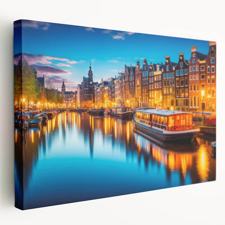 Amsterdam canal scene in muted blue and gray tones on stretched canvas, suitable for kitchen wall art.