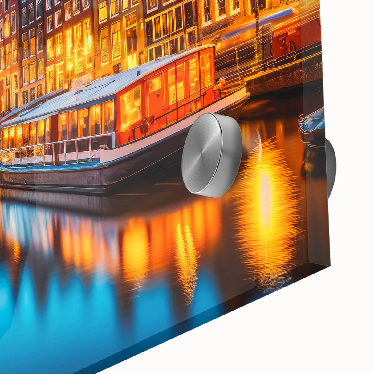 Acrylic glass print of Amsterdam canal with muted colors, ideal for dining room art in a mid-century modernist style.