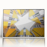 Mid-century modernist art depicting a European Netherlands scenery in muted colors on a white framed acrylic.