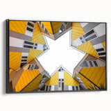 Black and white wall art featuring a vintage poster-style landscape of the Netherlands on framed canvas.