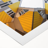 Art deco poster of a European scenery in muted pastel colors on rolled canvas, suitable for dining room decor.