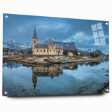 Acrylic print of a serene Norwegian landscape in muted blue and green tones, ideal for bedroom or dining room decor.