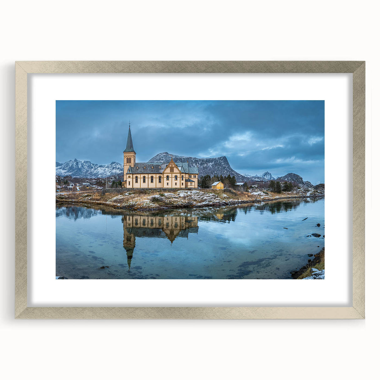 Extra large abstract art print of a textured Norwegian landscape in muted earth tones, framed in silver.