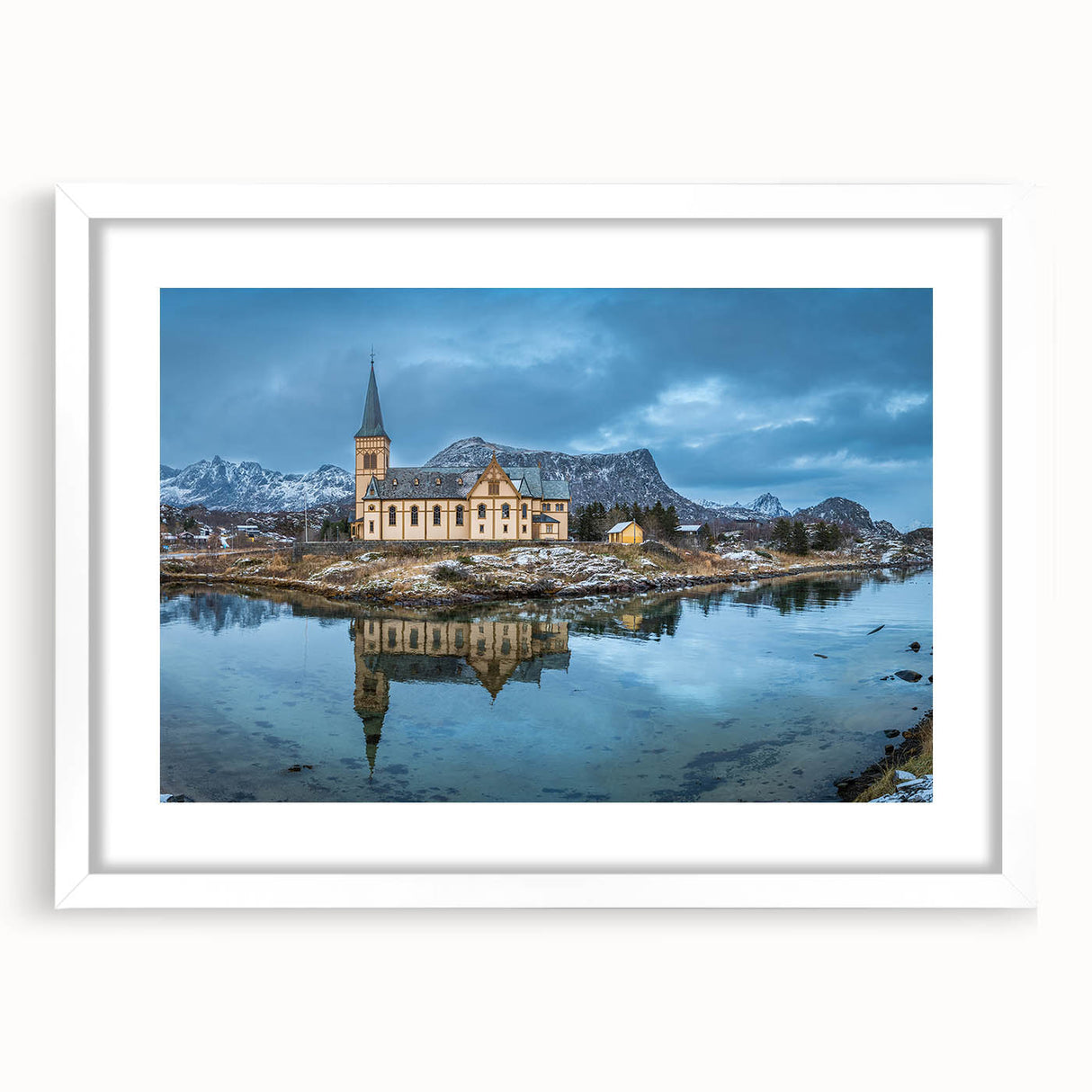 Textured art depicting an abstract Norwegian landscape in muted blue and gray tones on a framed white mat.