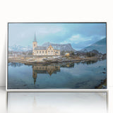 Mid-century modernist art depicting a serene Norwegian landscape, with muted earth tones on a framed acrylic.