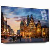 Large abstract wall art of a European scenery in muted tones on acrylic glass, ideal for bedroom or dining room decor.
