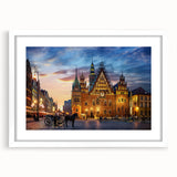 Textured art depicting an abstract European scenery in muted earth tones, framed with a white mat, ideal for bedroom decor.