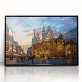 Large abstract wall art depicting a European scenery with muted earth tones on a framed acrylic.