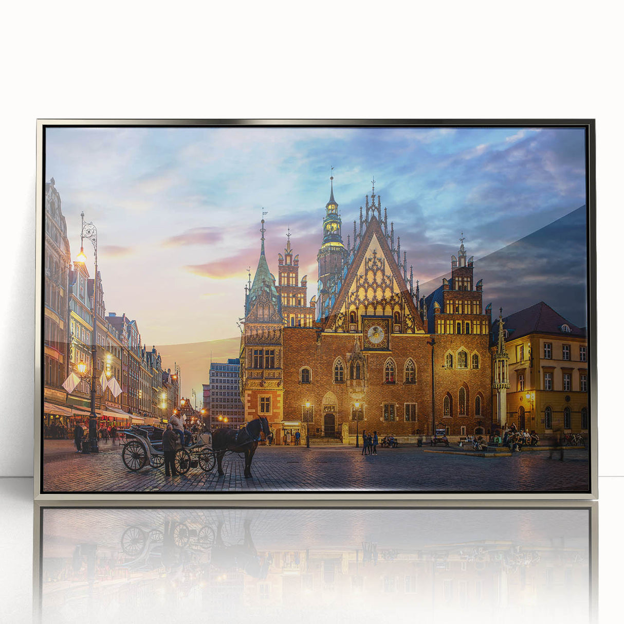Large art print of a European cityscape in muted colors on a silver-framed acrylic, ideal for modern art wall decor.