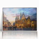 Mid-century modernist art depicting a European scenery in Poland with muted colors on a framed acrylic.