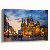 Framed canvas depicting a vintage-style Polish landscape in muted gold and black tones, suitable for bedroom decor.