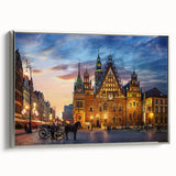 Framed canvas featuring a vintage-style landscape painting of a European scenery, with muted colors and black accents.