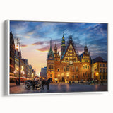Vintage poster art of a European scenery in Poland on framed canvas, featuring vibrant colors, ideal for living room decor.