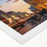 Art deco poster of a European cityscape in muted tones on rolled canvas, suitable for dining room wall art.