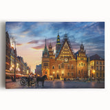 Black and white photograph of a European cityscape on stretched canvas, suitable as kitchen wall art or for a bedroom.