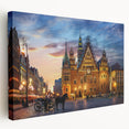 Side view of a stretched canvas depicting a European scenery in muted earth tones, ideal for kitchen wall art.