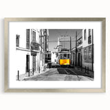 Extra large abstract art print of Lisbon scenery in textured silver frame, ideal for living room decor.