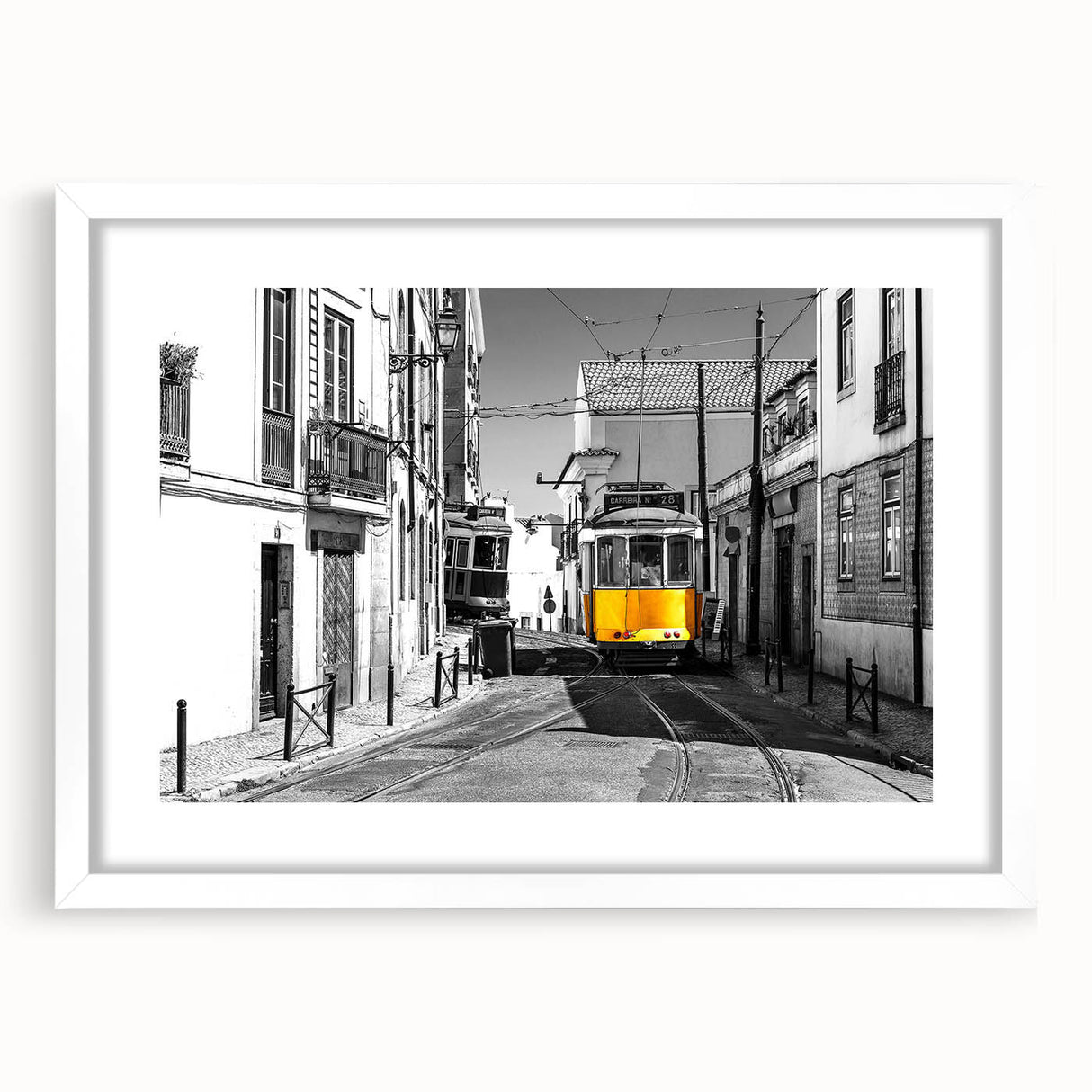 Textured abstract art print of Lisbon scenery in muted earth tones on a framed white mat, ideal for bedroom art.