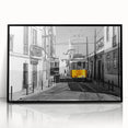 Large abstract wall art of Lisbon with muted color tones on a black framed acrylic, ideal for modern living room decor.