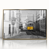 Art deco poster of Lisbon scenery with gold frame, featuring pastel shades, ideal for nursery wall art.