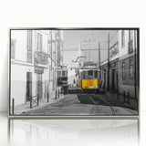 Mid-century modernist acrylic print of Lisbon scenery in muted earth tones, framed in silver.